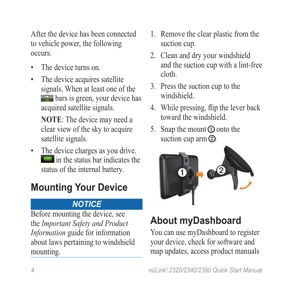 Mounting your device, About mydashboard | Garmin nuLink! 2390 User Manual | Page 4 / 12