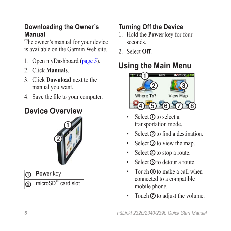 Device overview, Using the main menu | Garmin nuLink! 2390 User Manual | Page 6 / 12