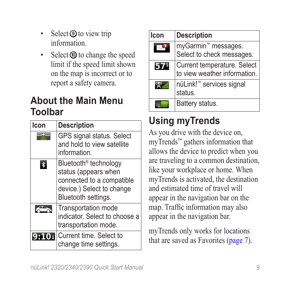 About the main menu toolbar, Using mytrends | Garmin nuLink! 2390 User Manual | Page 9 / 12