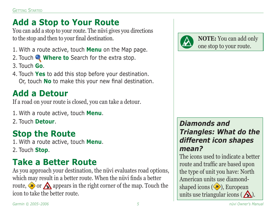 Add a stop to your route, Add a detour, Stop the route | Take a better route | Garmin Nuvi 350 User Manual | Page 11 / 79