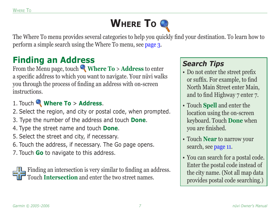 Where to, Finding an address, Here | Garmin Nuvi 350 User Manual | Page 13 / 79
