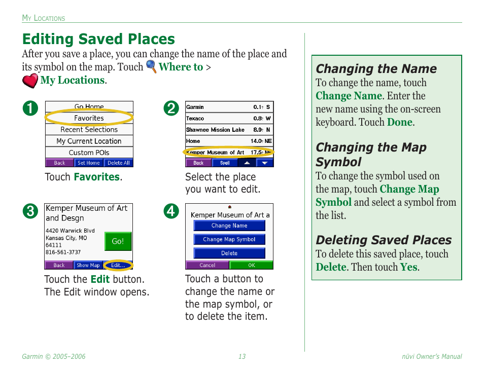 Editing saved places | Garmin Nuvi 350 User Manual | Page 19 / 79