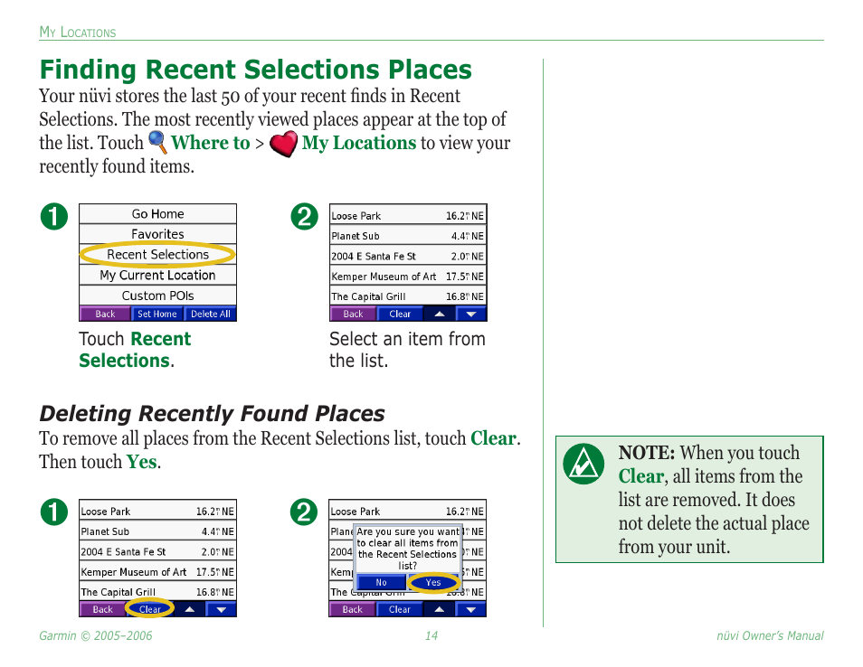 Finding recent selections places | Garmin Nuvi 350 User Manual | Page 20 / 79