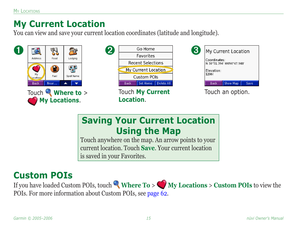 My current location, Custom pois, Saving your current location using the map | Garmin Nuvi 350 User Manual | Page 21 / 79