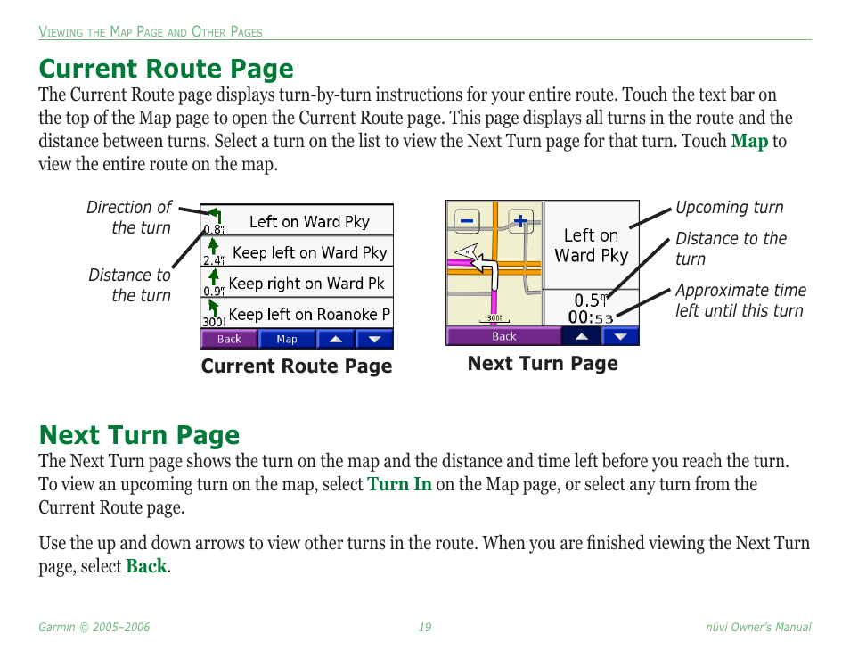 Current route page, Next turn page | Garmin Nuvi 350 User Manual | Page 25 / 79