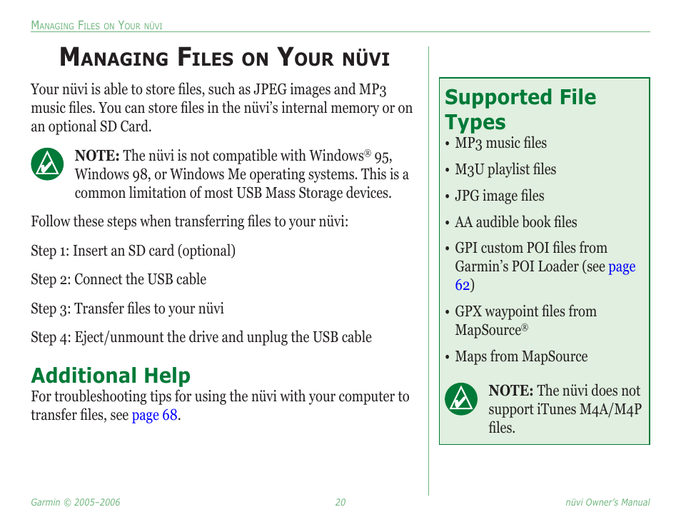 Managing files on your nüvi, Additional help, Supported file types | Additional help supported file types, Anaging, Iles, Nüvi | Garmin Nuvi 350 User Manual | Page 26 / 79