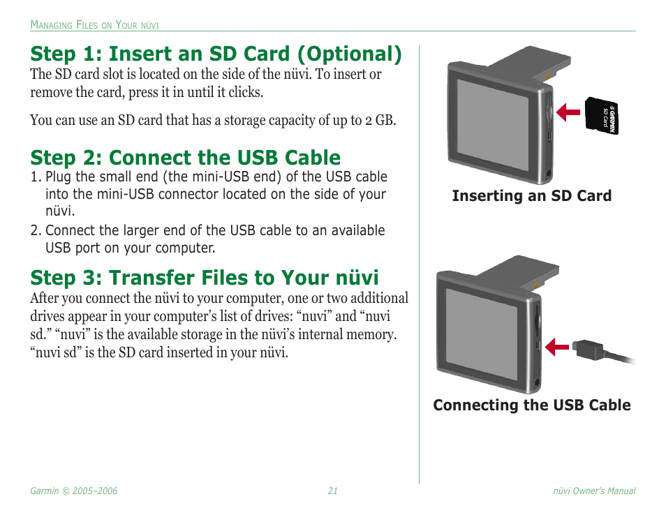 Step 1: insert an sd card (optional), Step 2: connect the usb cable, Step 3: transfer files to your nüvi | Garmin Nuvi 350 User Manual | Page 27 / 79