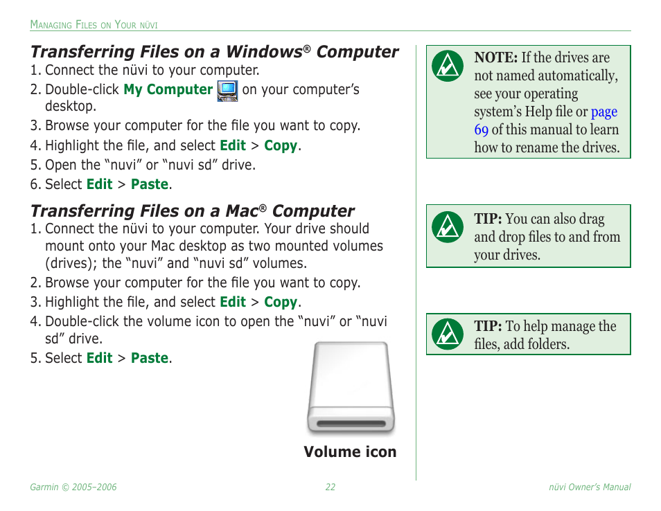 Transferring files on a windows, Computer, Transferring files on a mac | Garmin Nuvi 350 User Manual | Page 28 / 79