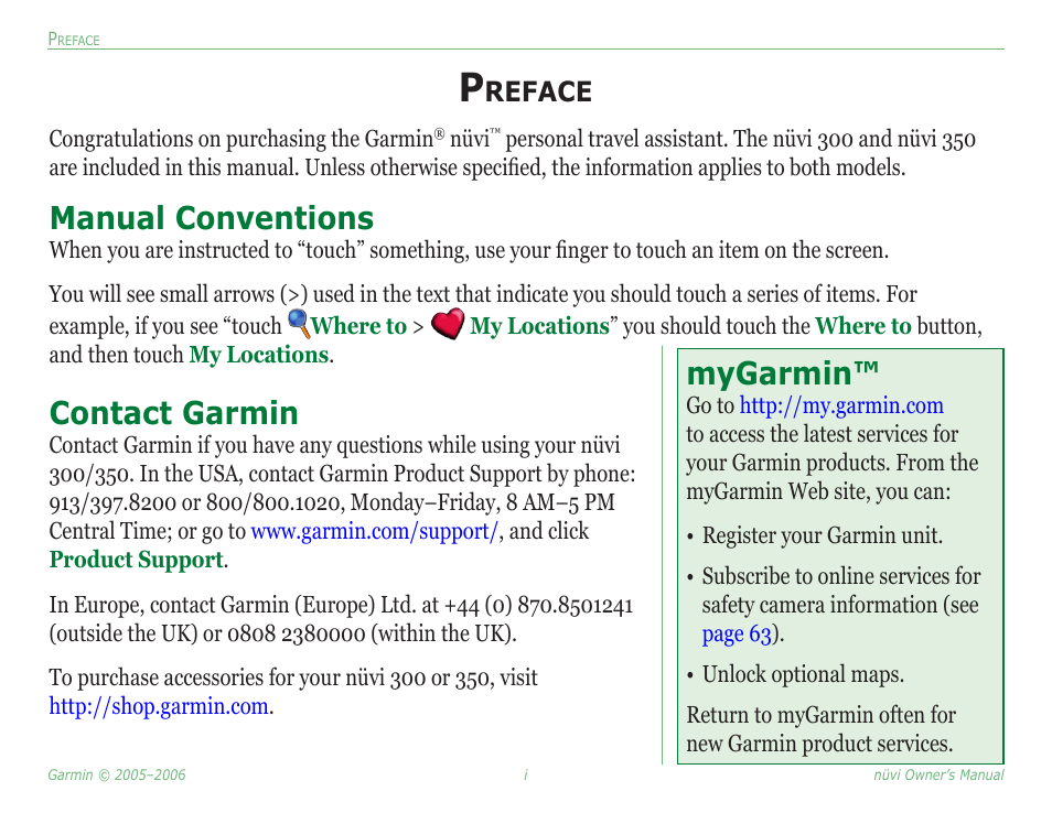 Preface, Manual conventions, Contact garmin | Mygarmin, Reface | Garmin Nuvi 350 User Manual | Page 3 / 79