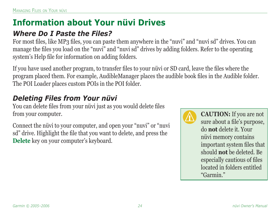 Information about your nüvi drives, Where do i paste the files, Deleting files from your nüvi | Garmin Nuvi 350 User Manual | Page 30 / 79
