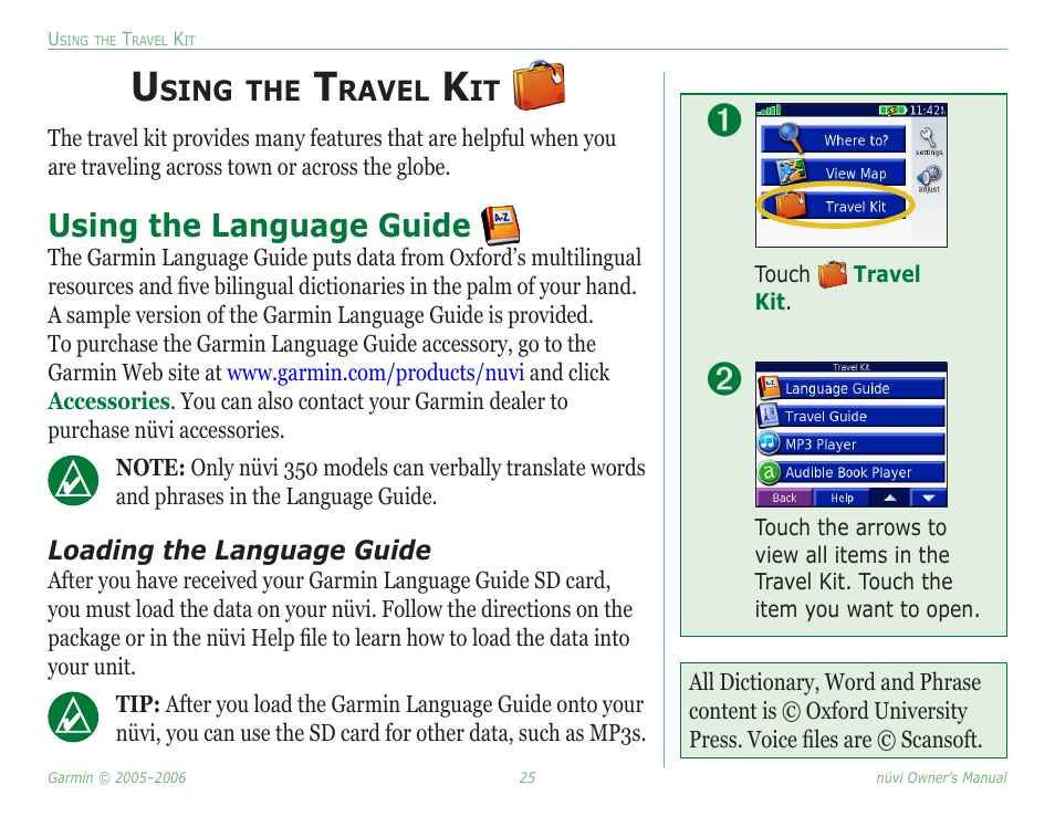 Using the travel kit, Using the language guide | Garmin Nuvi 350 User Manual | Page 31 / 79