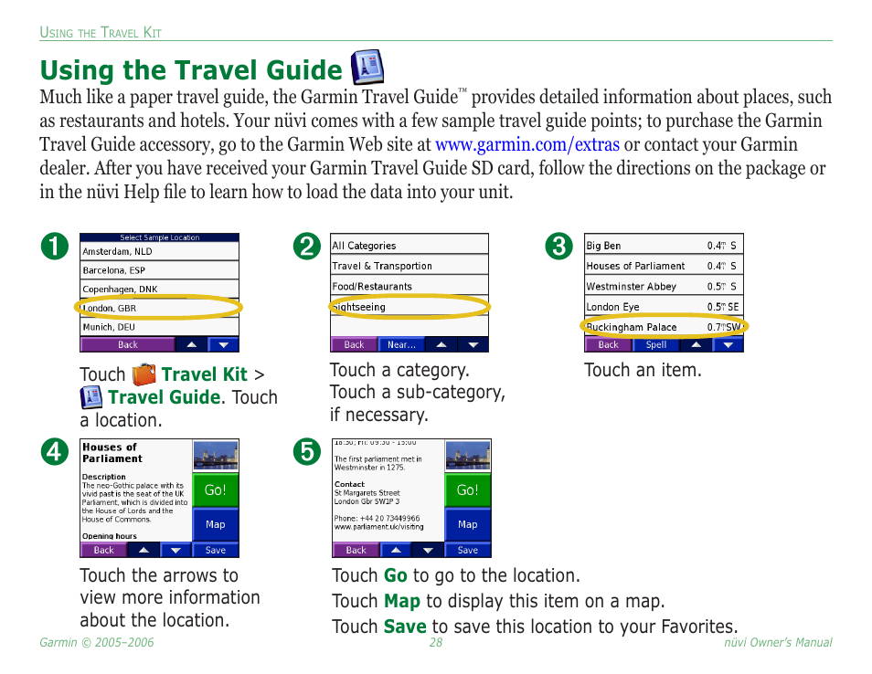 Using the travel guide | Garmin Nuvi 350 User Manual | Page 34 / 79