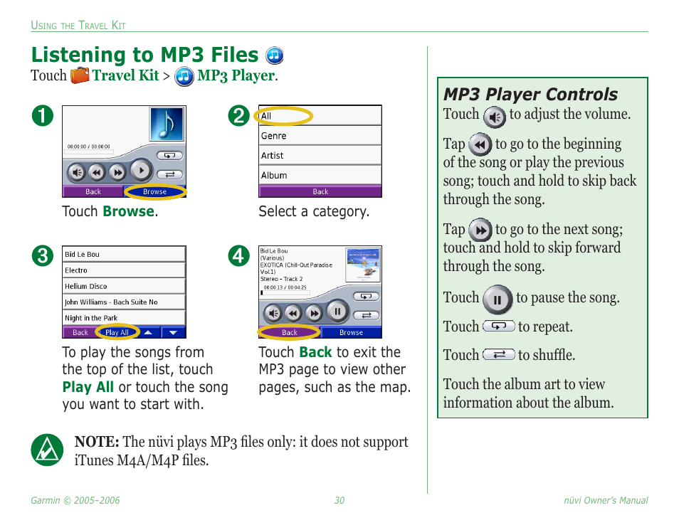 Listening to mp3 files | Garmin Nuvi 350 User Manual | Page 36 / 79