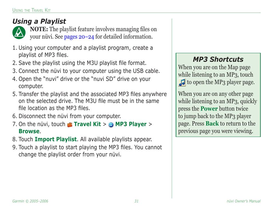 Using a playlist, Mp3 shortcuts | Garmin Nuvi 350 User Manual | Page 37 / 79