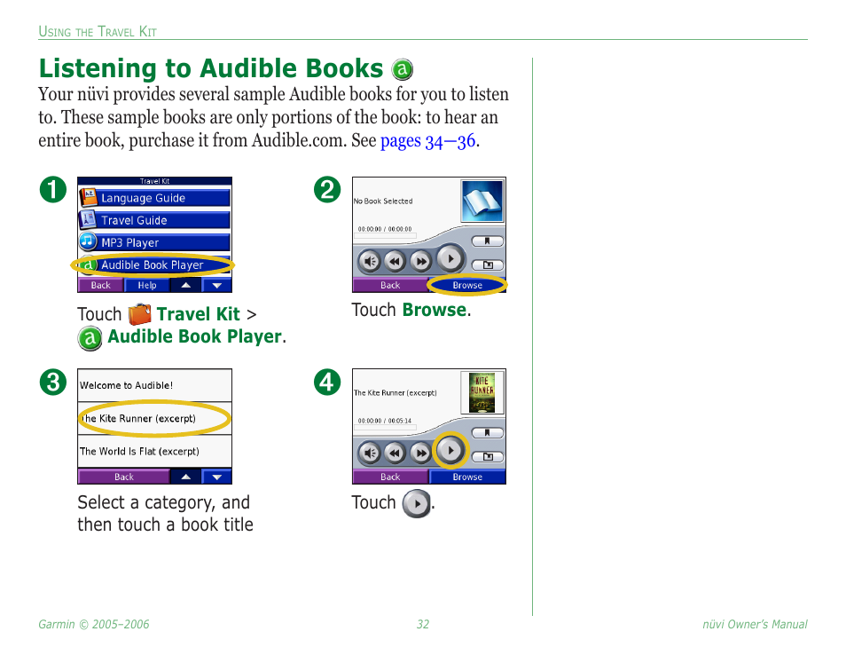 Listening to audible books | Garmin Nuvi 350 User Manual | Page 38 / 79