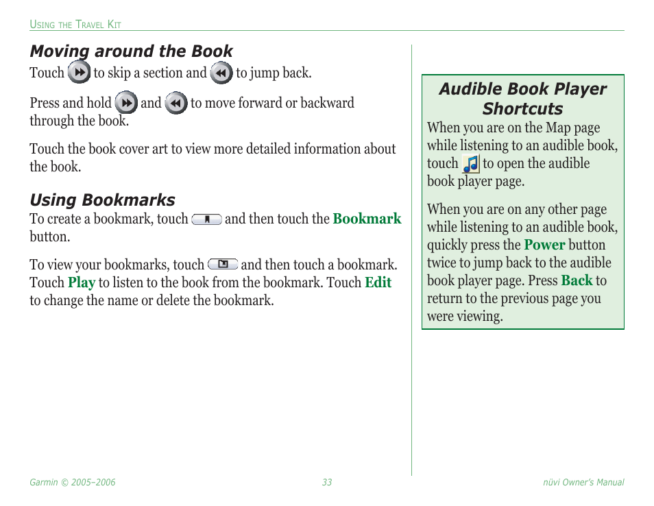 Moving around the book, Using bookmarks, Audible book player shortcuts | Garmin Nuvi 350 User Manual | Page 39 / 79