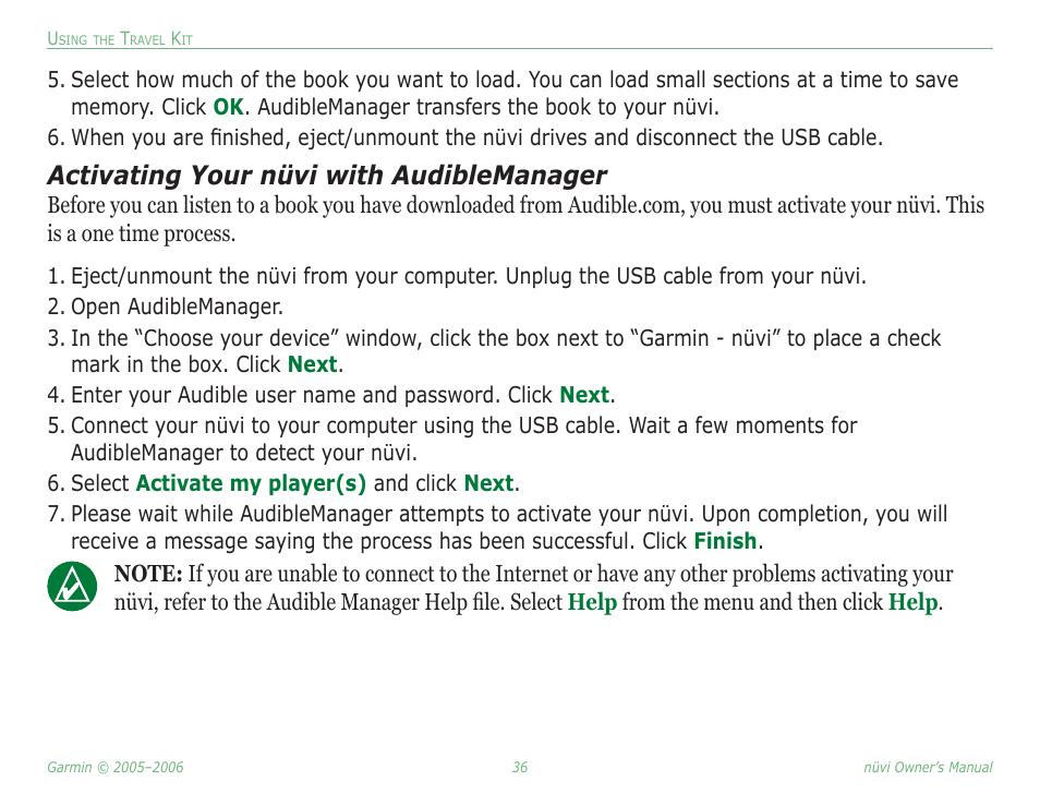 Activating your nüvi with audiblemanager | Garmin Nuvi 350 User Manual | Page 42 / 79