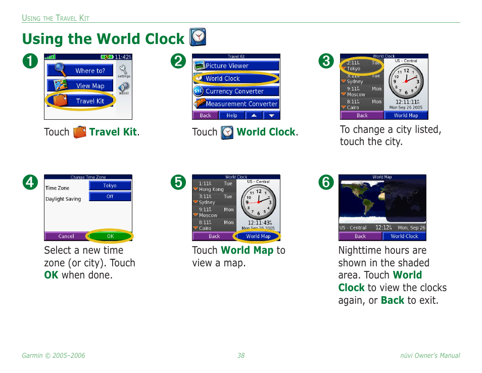 Using the world clock | Garmin Nuvi 350 User Manual | Page 44 / 79