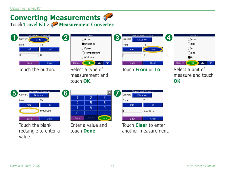 Converting measurements | Garmin Nuvi 350 User Manual | Page 47 / 79