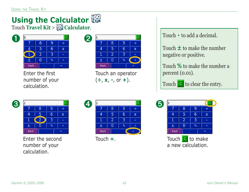 Using the calculator | Garmin Nuvi 350 User Manual | Page 48 / 79