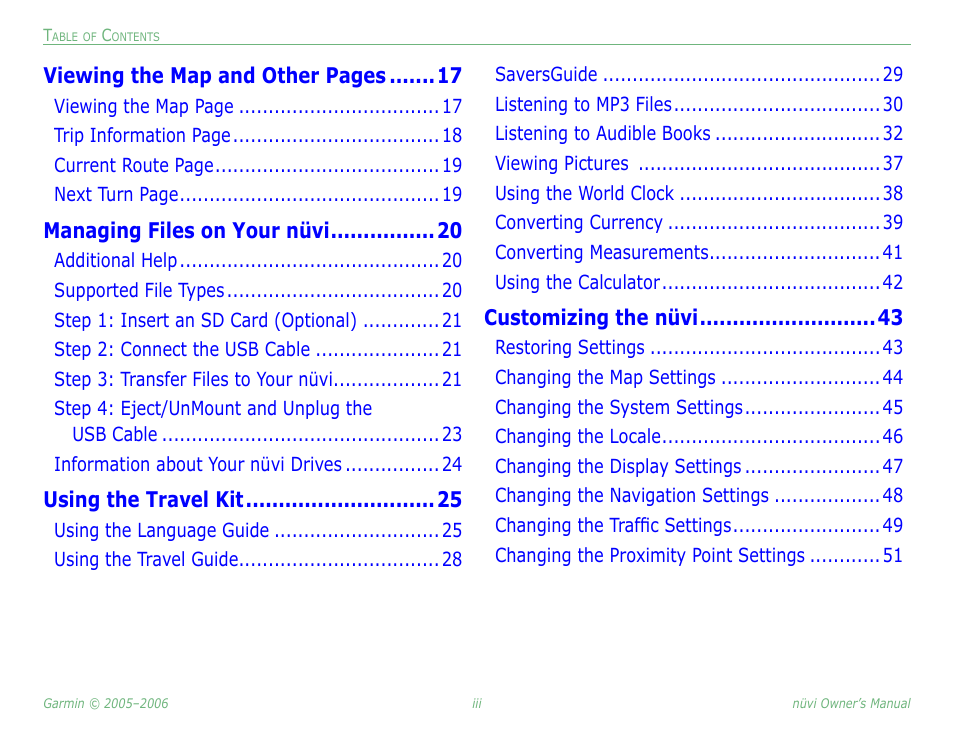 Viewing the map and other pages, Managing files on your nüvi, Using the travel kit | Customizing the nüvi | Garmin Nuvi 350 User Manual | Page 5 / 79