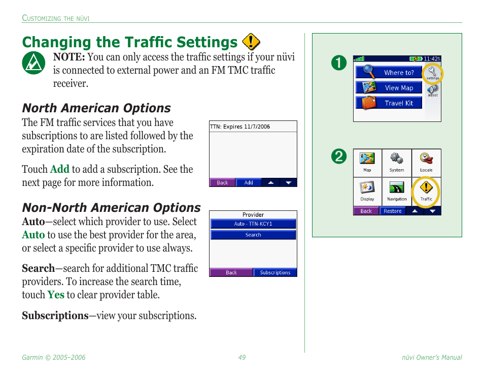 Changing the traffic settings, North american options, Non-north american options | Garmin Nuvi 350 User Manual | Page 55 / 79