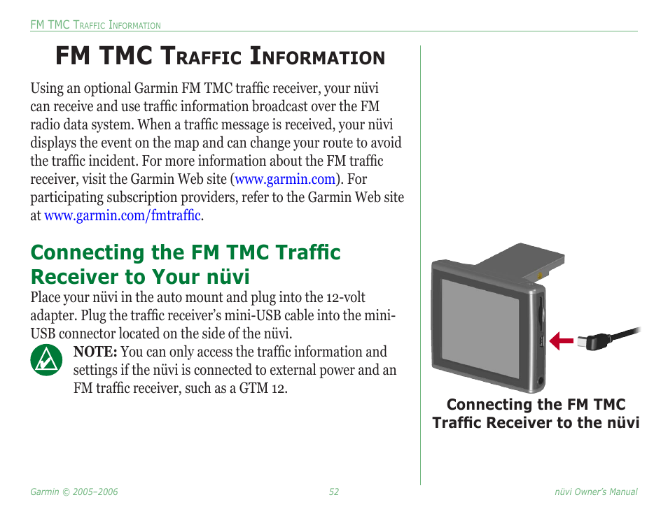 Fm tmc traffic information, Connecting the fm tmc traffic receiver to your, Nüvi | Fm tmc t, Raffic, Nformation | Garmin Nuvi 350 User Manual | Page 58 / 79