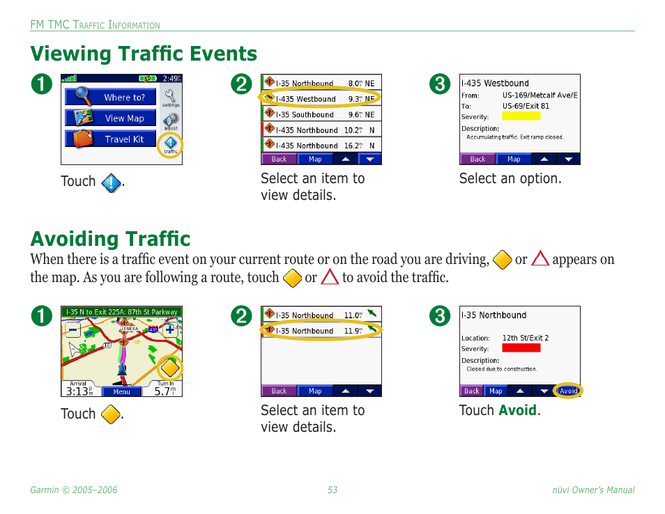 Viewing traffic events, Avoiding traffic, Viewing traffic events avoiding traffic | Garmin Nuvi 350 User Manual | Page 59 / 79