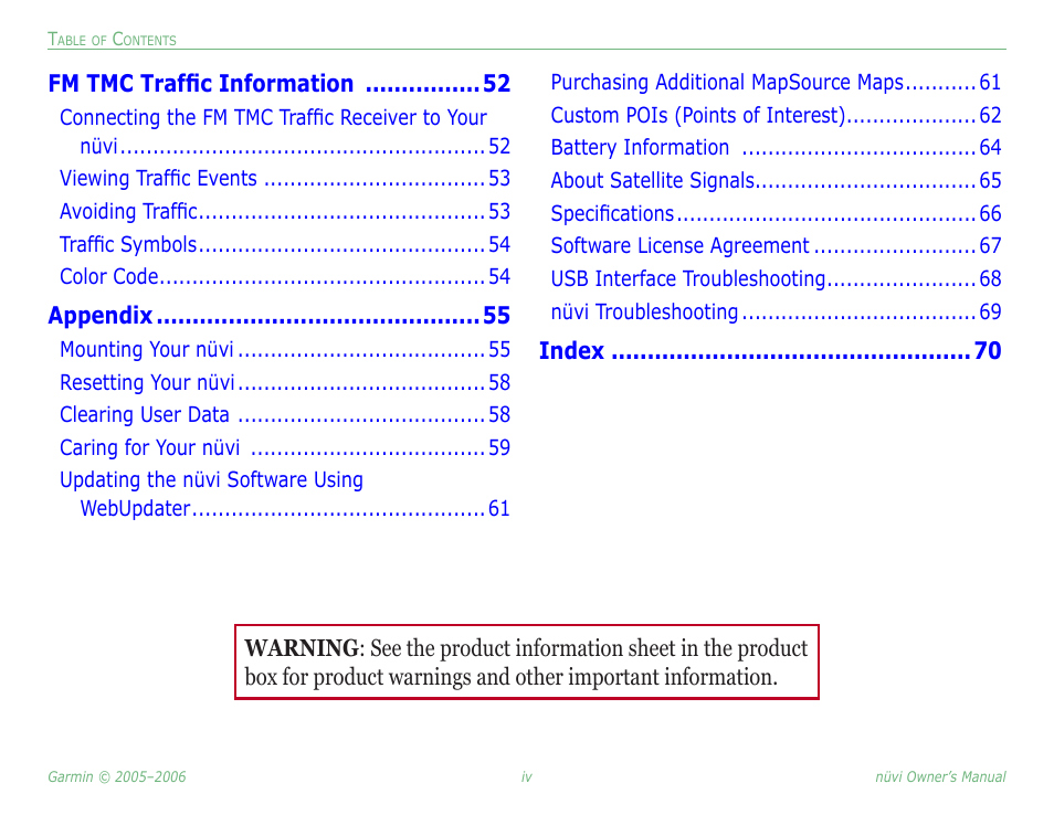 Fm tmc traffic information, Appendix | Garmin Nuvi 350 User Manual | Page 6 / 79