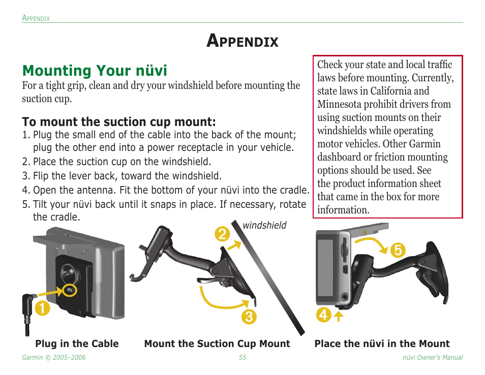 Appendix, Mounting your nüvi | Garmin Nuvi 350 User Manual | Page 61 / 79