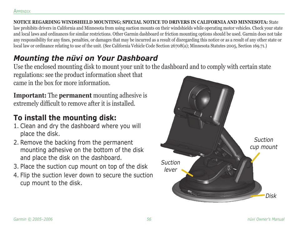 Mounting the nüvi on your dashboard | Garmin Nuvi 350 User Manual | Page 62 / 79