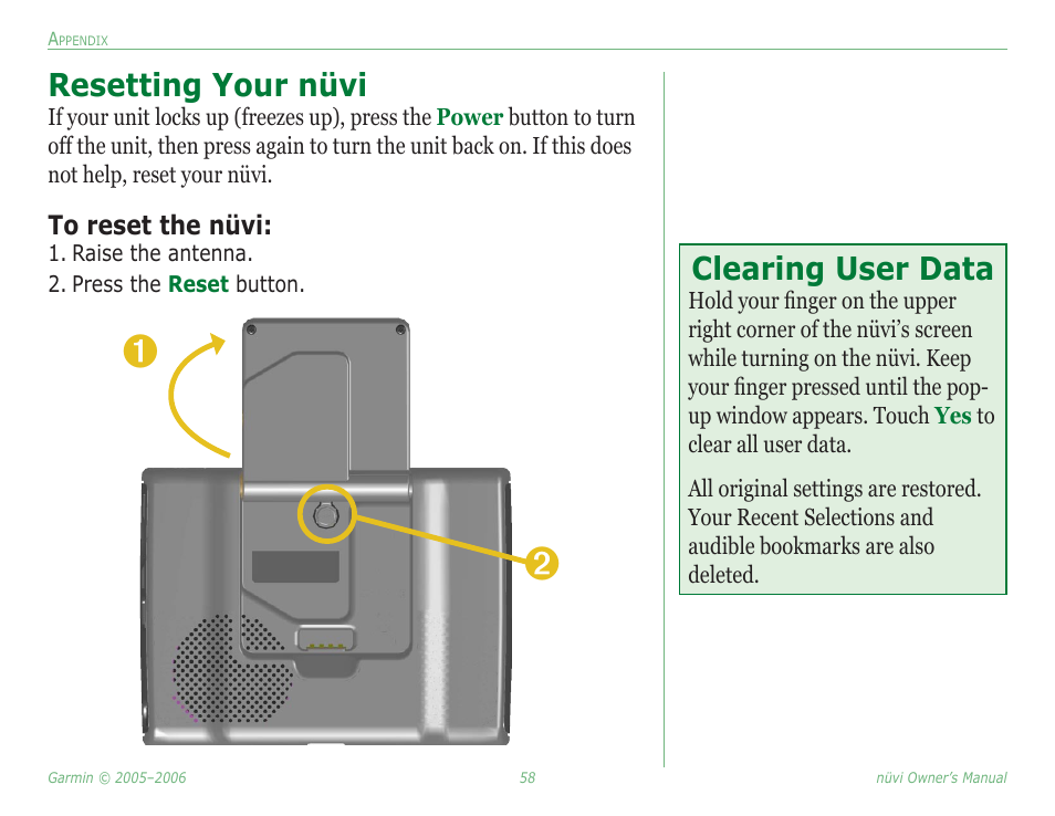 Resetting your nüvi, Clearing user data, Resetting your nüvi clearing user data | Garmin Nuvi 350 User Manual | Page 64 / 79