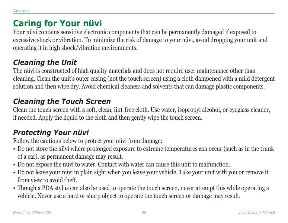 Caring for your nüvi, Cleaning the unit, Cleaning the touch screen | Protecting your nüvi | Garmin Nuvi 350 User Manual | Page 65 / 79