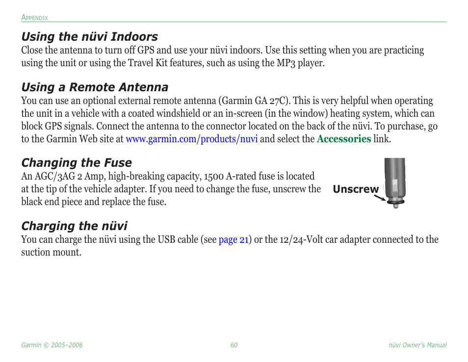 Using the nüvi indoors, Using a remote antenna, Changing the fuse | Charging the nüvi | Garmin Nuvi 350 User Manual | Page 66 / 79