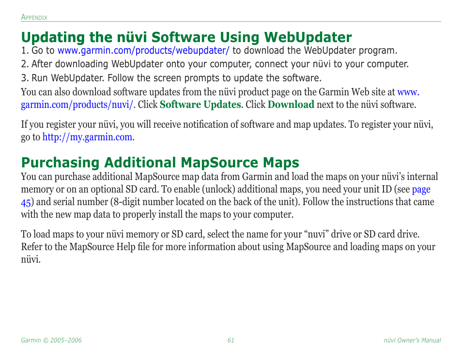 Updating the nüvi software using webupdater, Purchasing additional mapsource maps, Updating the nüvi software using | Webupdater | Garmin Nuvi 350 User Manual | Page 67 / 79