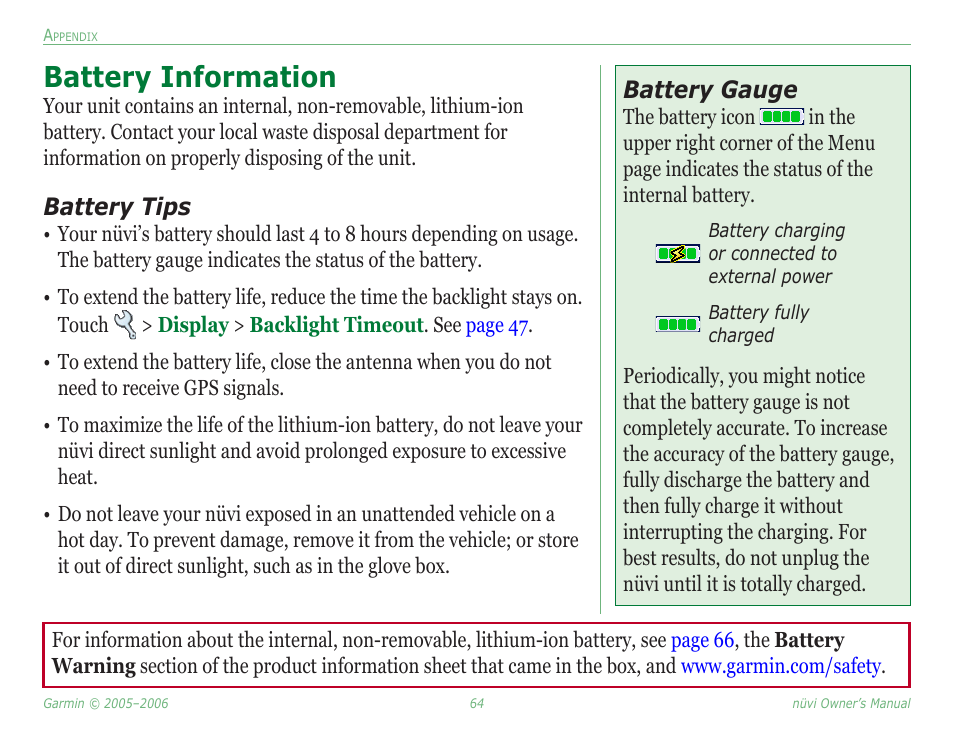 Battery information, For more tips about the battery, see, Battery gauge | Battery tips | Garmin Nuvi 350 User Manual | Page 70 / 79