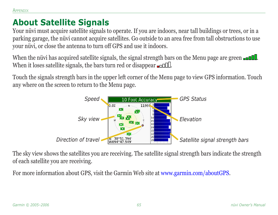 About satellite signals | Garmin Nuvi 350 User Manual | Page 71 / 79