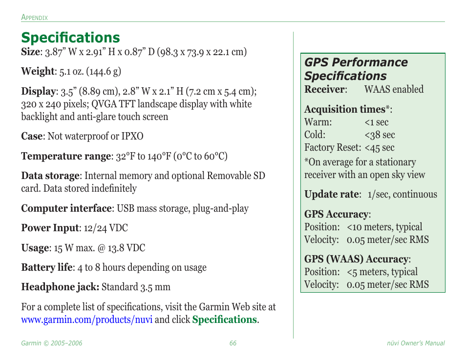 Specifications, Specifications on, Gps performance specifications | Garmin Nuvi 350 User Manual | Page 72 / 79