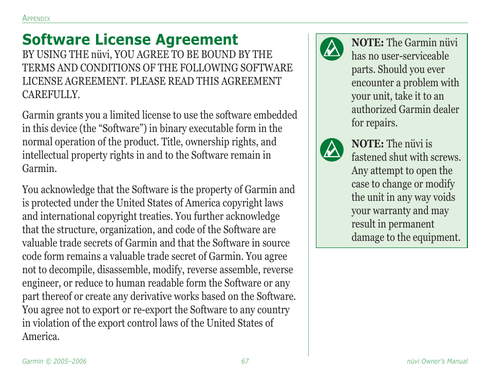 Software license agreement | Garmin Nuvi 350 User Manual | Page 73 / 79