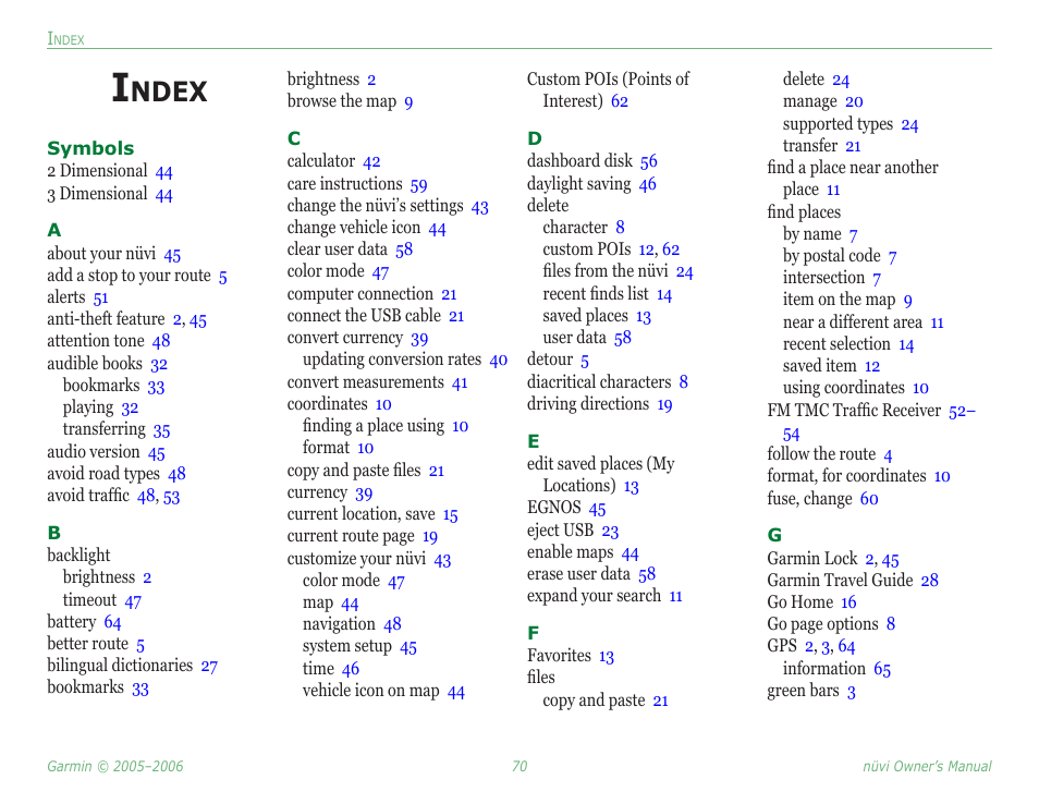 Index, Ndex | Garmin Nuvi 350 User Manual | Page 76 / 79