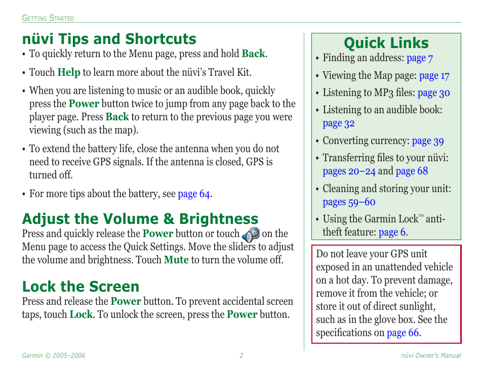 Nüvi tips and shortcuts, Adjust the volume & brightness, Lock the screen | Quick links | Garmin Nuvi 350 User Manual | Page 8 / 79