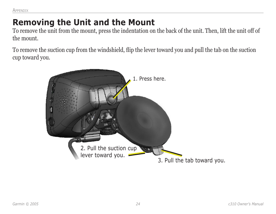 Removing the unit and the mount | Garmin StreetPilot c310 User Manual | Page 28 / 37