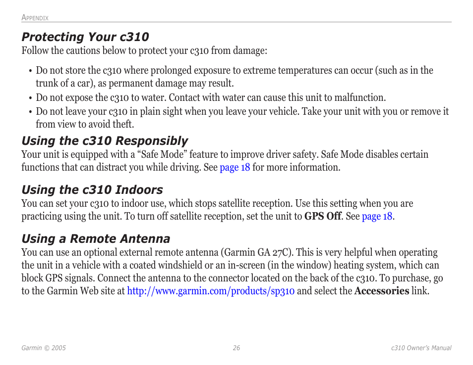 Protecting your c310, Using the c310 responsibly, Using the c310 indoors | Using a remote antenna | Garmin StreetPilot c310 User Manual | Page 30 / 37