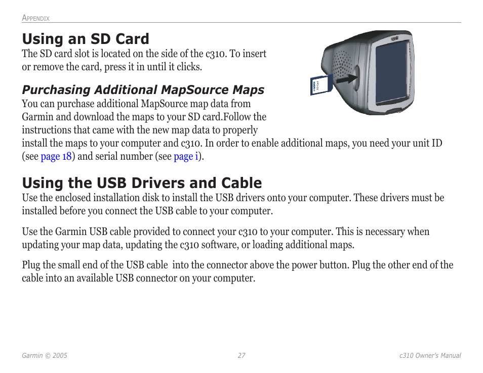 Using an sd card, Using the usb drivers and cable, Using an sd card using the usb drivers | And cable, Purchasing additional mapsource maps | Garmin StreetPilot c310 User Manual | Page 31 / 37