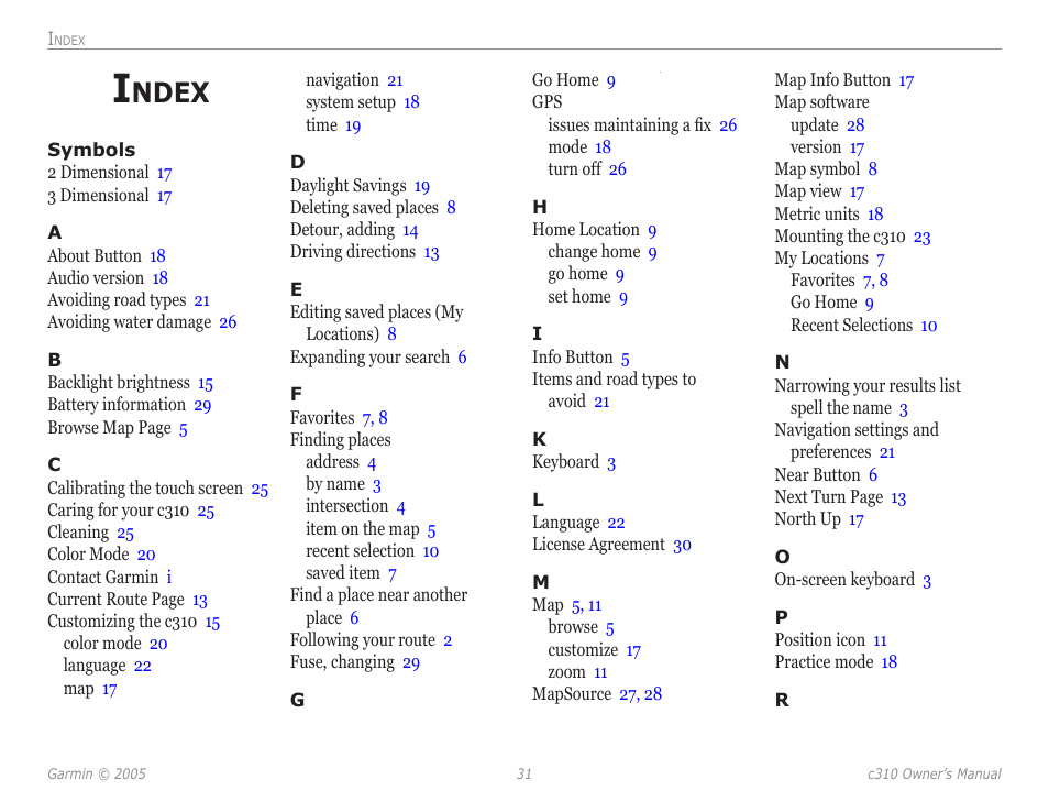 Index, Ndex | Garmin StreetPilot c310 User Manual | Page 35 / 37