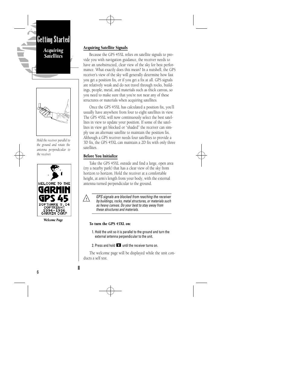 Getting started, Acquiring satellites | Garmin GPS 45XL User Manual | Page 10 / 68