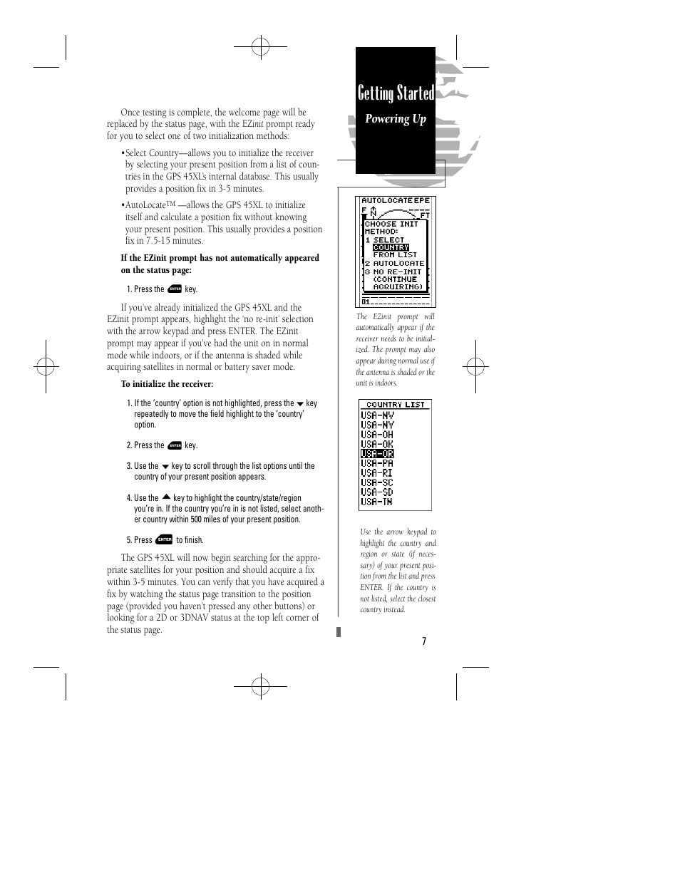 Getting started, Powering up | Garmin GPS 45XL User Manual | Page 11 / 68