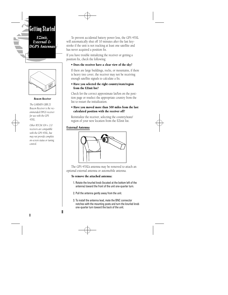 Getting started, Ezinit, external & dgps antennas | Garmin GPS 45XL User Manual | Page 12 / 68