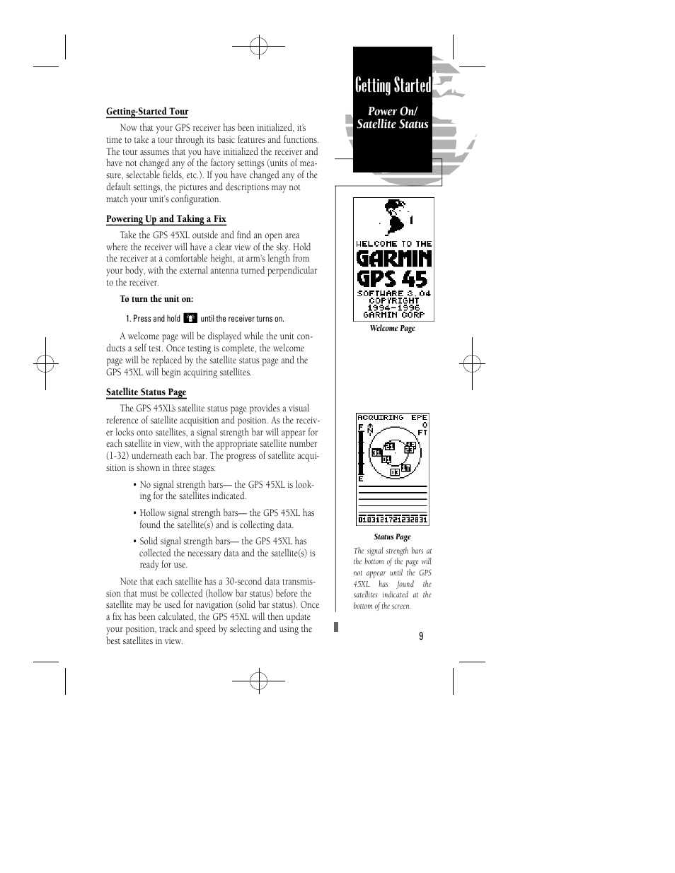 Getting started, Power on/ satellite status | Garmin GPS 45XL User Manual | Page 13 / 68