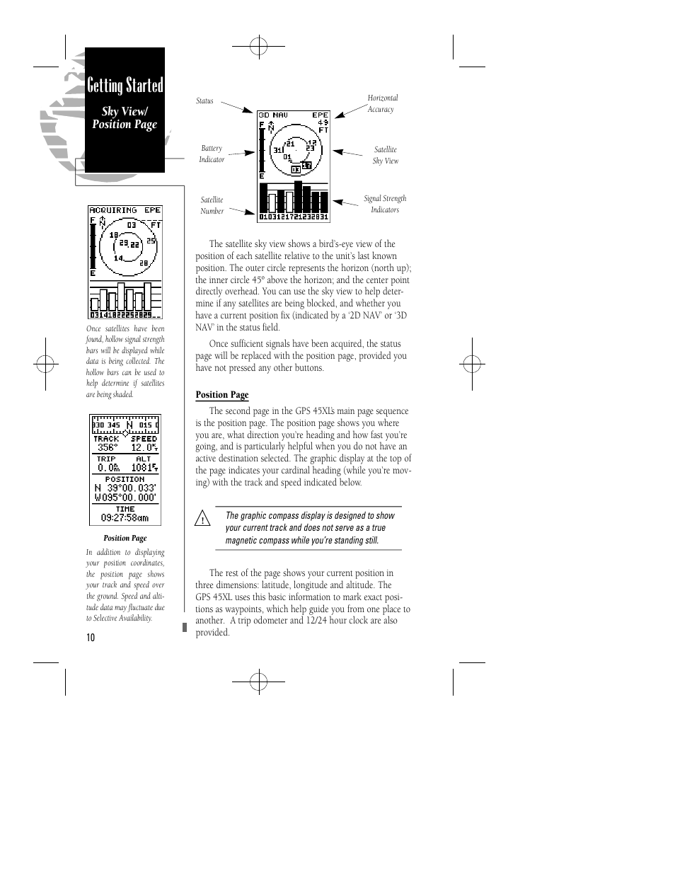 Getting started, Sky view/ position page | Garmin GPS 45XL User Manual | Page 14 / 68